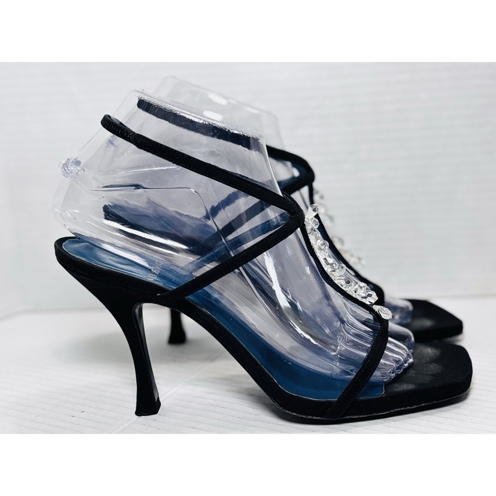 Vera Wang Strappy Crystal Heels Black Leather Made Italy 7.5 Embellished Blue